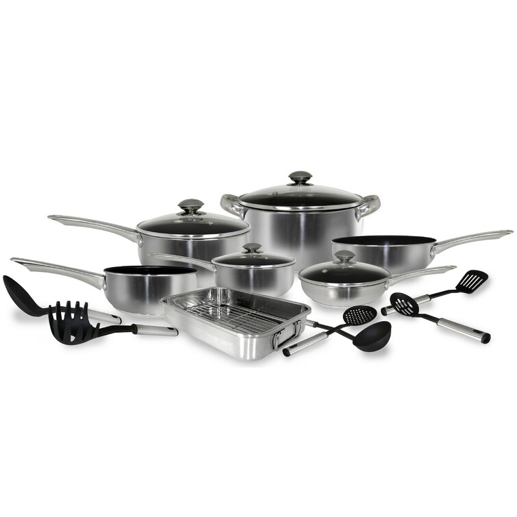 18 Piece 18/10 Belly Shaped Cookware Set w/ Encapsulated Base & Nonstick  coating