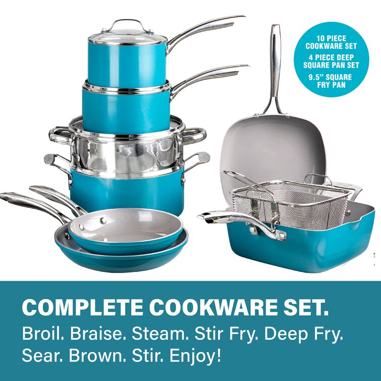 Gotham Steel Aqua Blue 12 Piece Nonstick Ceramic Cookware Set, Oven & Dishwasher  Safe & Reviews