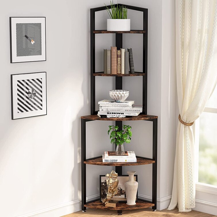 Kechi Corner Shelf Corner Bookcase with 5 Tier Storage Shelves for Bedroom, Living Room Latitude Run Color: Rustic Brown