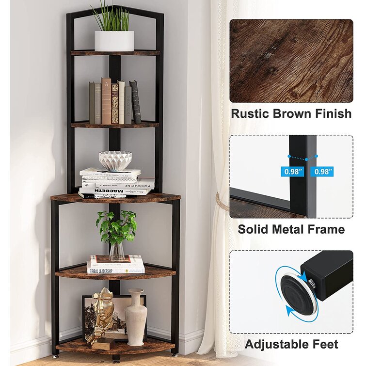 Kechi Corner Shelf Corner Bookcase with 5 Tier Storage Shelves for Bedroom, Living Room Latitude Run Color: Rustic Brown