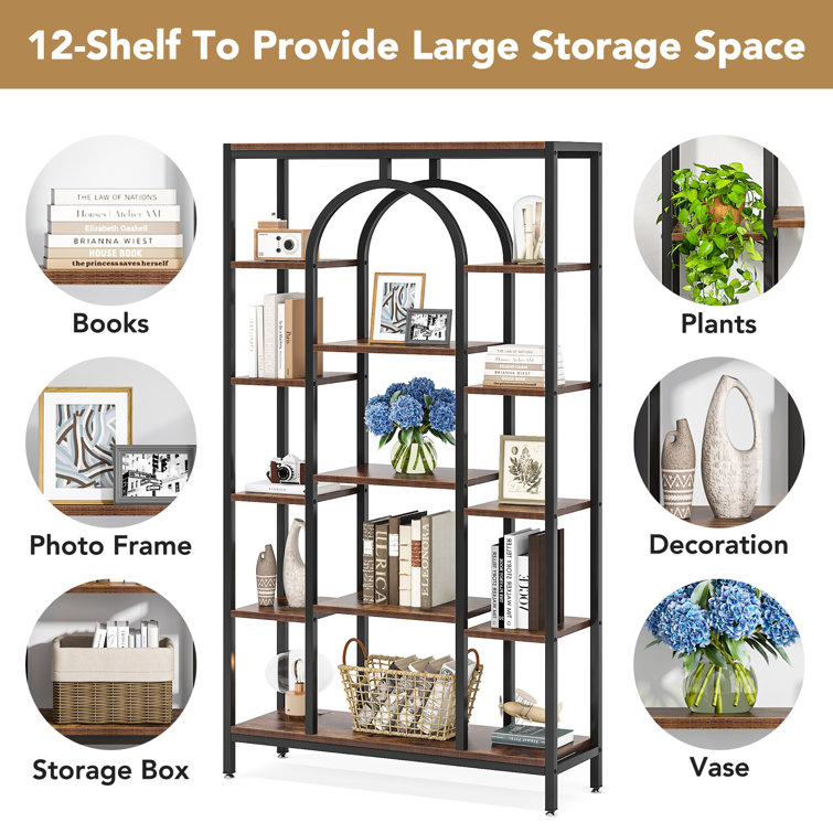 Tribesigns Brown Metal 12-Shelf Ladder Bookcase (39.37-in W x 70.86-in H x 11.81-in D) | HOGA-K0055