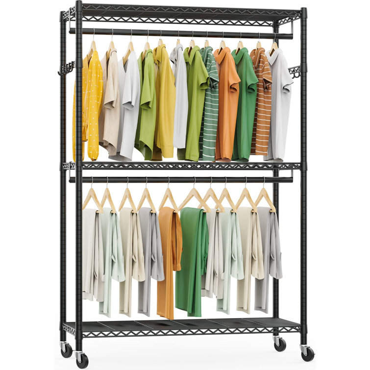 Closet Organization,Large Wardrobe Closet Storage With Lockable Wheels (2  Hanging Rods And 2 Side Hooks),47 L X 17 W X 80 H Inches,Black 