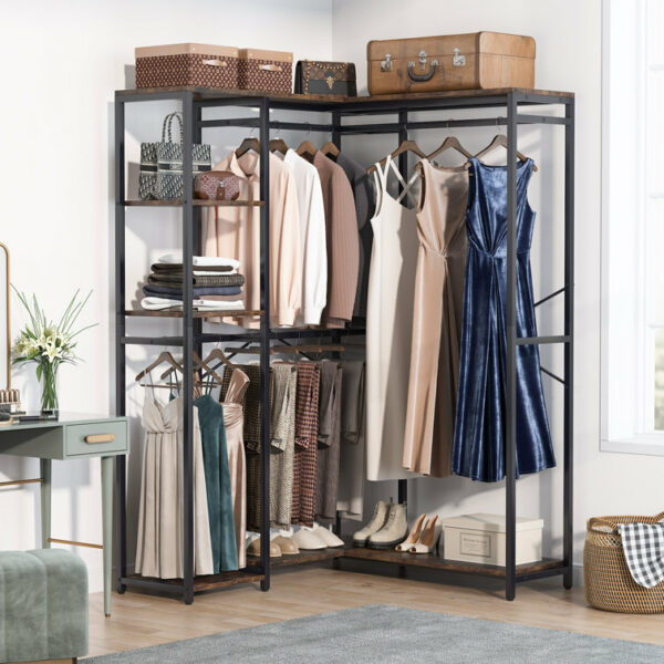 Industrial L Shaped Closet Organizer, Freestanding Corner Clothes