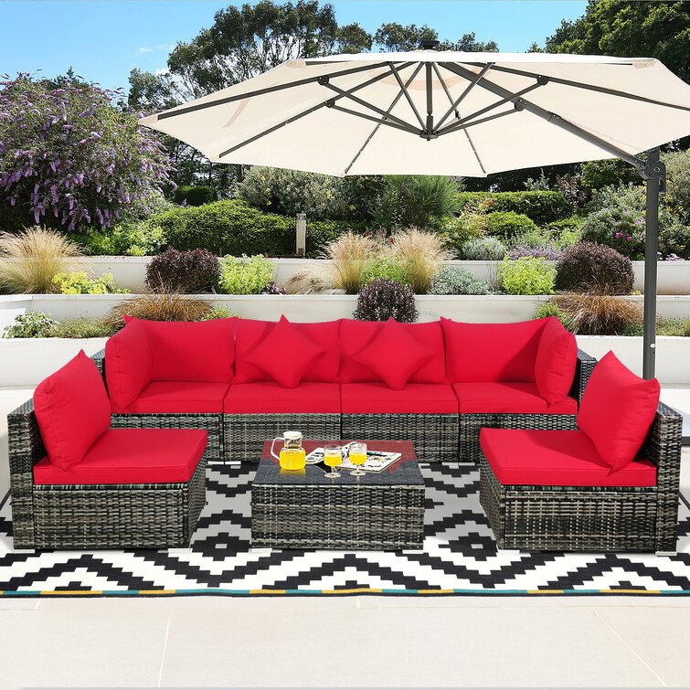 Leisure 7 Piece Rattan Sectional Seating Group with Cushions Latitude Run Cushion Color: Light Blue