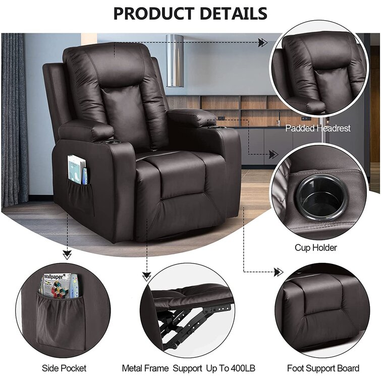 Manual Glider Recliner Swivel Rocking Chair with Lumbar Pillow Cup Holders Latitude Run Leather Type: Brown